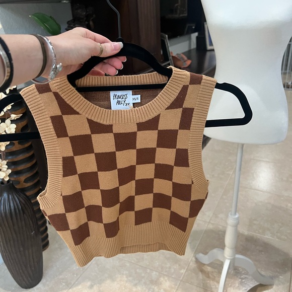 Princess Polly Tops - Princess Polly Tan and Brown Checkered Knit Top